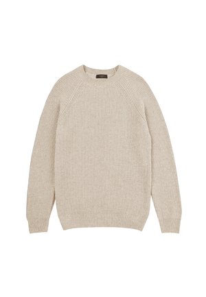 Pull en maille beige clair avec une texture côtelée, col rond et manches raglan. Il présente un ourlet droit et des détails de couture subtils.
