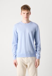 Suéter de manga longa azul claro, feito de um tecido de malha fina, com um decote redondo canelado e um logo subtil no peito.