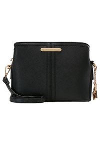 Svart syntetisk crossbody-väska med texturerad yta, featuring guldfärgade detaljer, avtagbar rem och en framlogo.