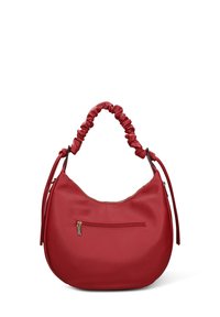 Sac à bandoulière en cuir rouge avec une forme arrondie, une anse froncée, une poche zippée à l'avant et une surface texturée.
