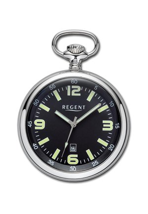 Montre de poche en argent avec un boîtier rond, un cadran noir, des chiffres blancs en gras et des aiguilles luminescentes ; présente une fenêtre de date à six heures.