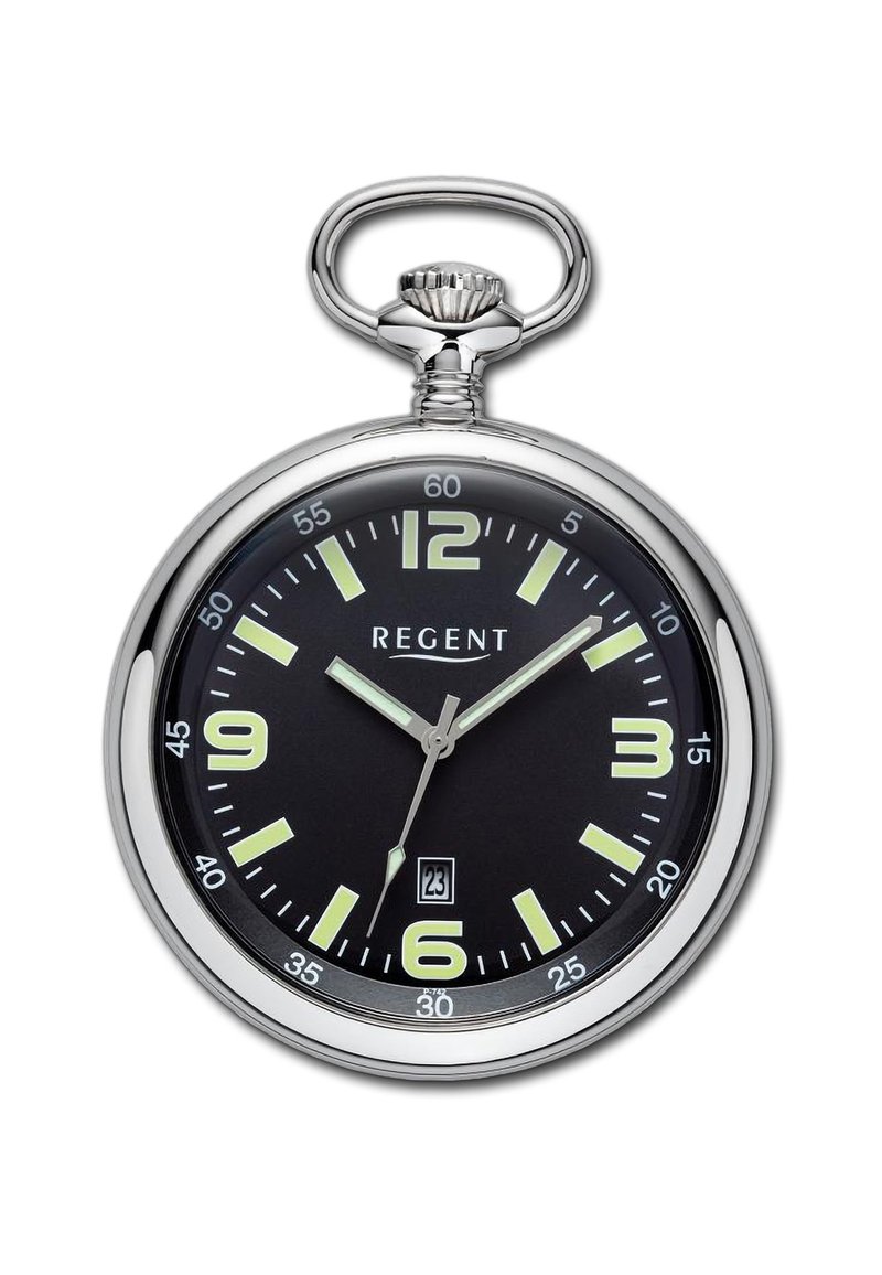 Montre de poche en argent avec un boîtier rond, un cadran noir, des chiffres blancs en gras et des aiguilles luminescentes ; présente une fenêtre de date à six heures.