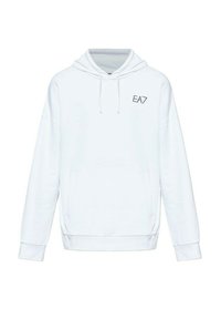 Sweat-shirt à capuche blanc avec manches longues, poche avant, cordons de serrage et petit logo "EA7" sur le côté supérieur gauche de la poitrine.