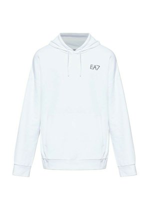 Hvid hættetrøje med lange ærmer, forlomme, snortræk og lille "EA7" logo på den øverste venstre bryst.