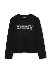 Zwarte langmouwen top van zacht materiaal met het 'DKNY'-logo in metalen studs over de borst. Ronde halslijn met geribbelde manchetten.