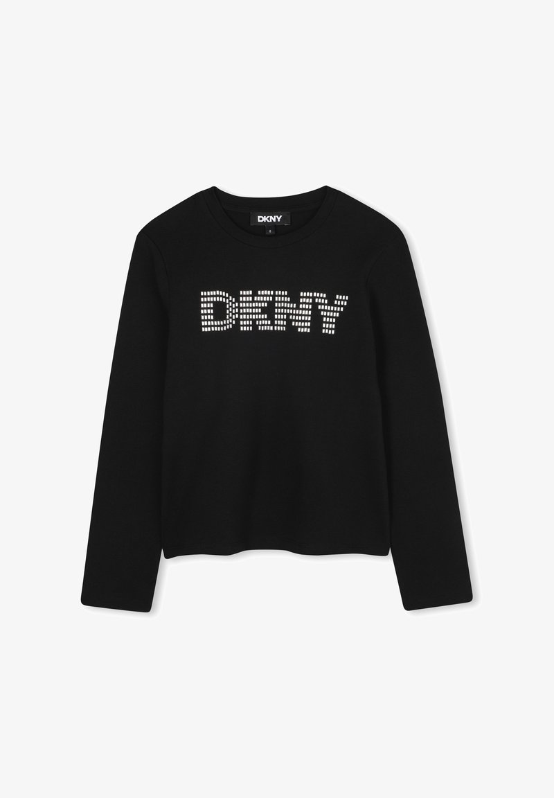 Zwarte langmouwen top van zacht materiaal met het 'DKNY'-logo in metalen studs over de borst. Ronde halslijn met geribbelde manchetten.