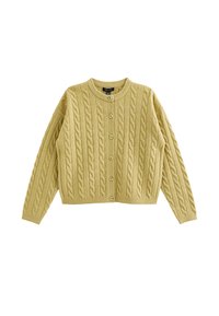 Cardigan giallo a maglia con motivo a trecce, scollo rotondo, maniche lunghe, chiusura con sette bottoni, motivo testurizzato, tessuto morbido, orlo e polsini a coste.