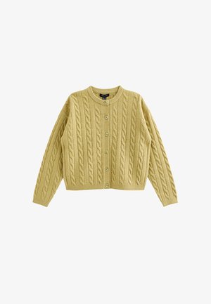 Cardigan jaune à maille torsadée, col rond, manches longues, fermeture à sept boutons, motif texturé, tissu doux, ourlet et poignets côtelés.