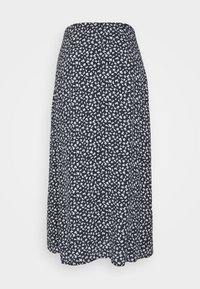 Jupe midi noire avec petit imprimé floral blanc, silhouette trapèze et taille lisse.
