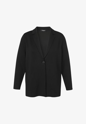 Veste blazer noire à bouton unique avec revers, manches longues et deux poches frontales, conçue pour une coupe décontractée.