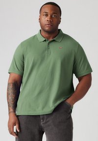 Zeleni pamučni polo majica s ovratnikom, kratkim rukavima, uskim krojem i malim crvenim Levi's logom na lijevoj strani grudi. Nosena uz tamne traperice.