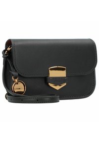 Czarna skórzana torebka crossbody z złotą metalową klamrą, odczepianym okrągłym breloczkiem i cienkim regulowanym paskiem. Posiada przeszywane detale.