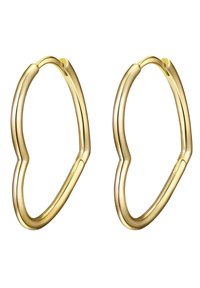 Auksinės spalvos metalinės auskarai žiedai širdies forma, su lygiu paviršiumi ir plonu dizainu. Su užsegimu, kad būtų patogu dėvėti.