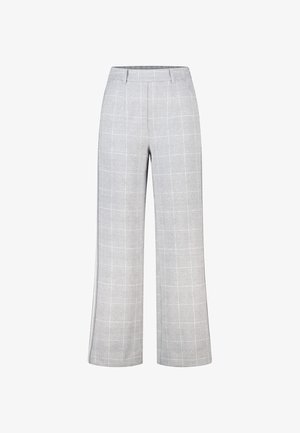 Brede pijpenbroeken van lichtgrijze stof met een subtiel ruitenpatroon, voorzien van een platte tailleband en op maat gemaakte plooiingen voor een gestructureerde pasvorm.