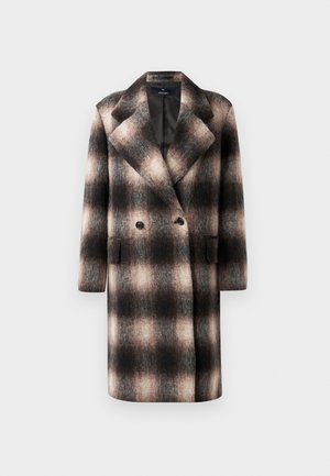 Double-breasted wool coat featuring a black, white, and tan plaid pattern, wide lapels, two front pockets, and a soft texture.