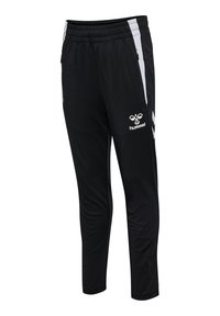 Sorte atletiske bukser lavet af letvægtsmateriale, med hvide side striber og et logo på forsiden, samt en elastisk talje og tapered design.