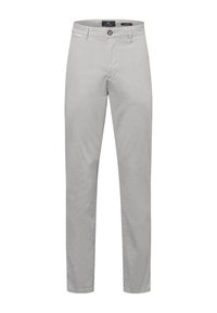 Light gray trousers made of smooth fabric, featuring a slim fit, straight legs, a front button closure, and side pockets.