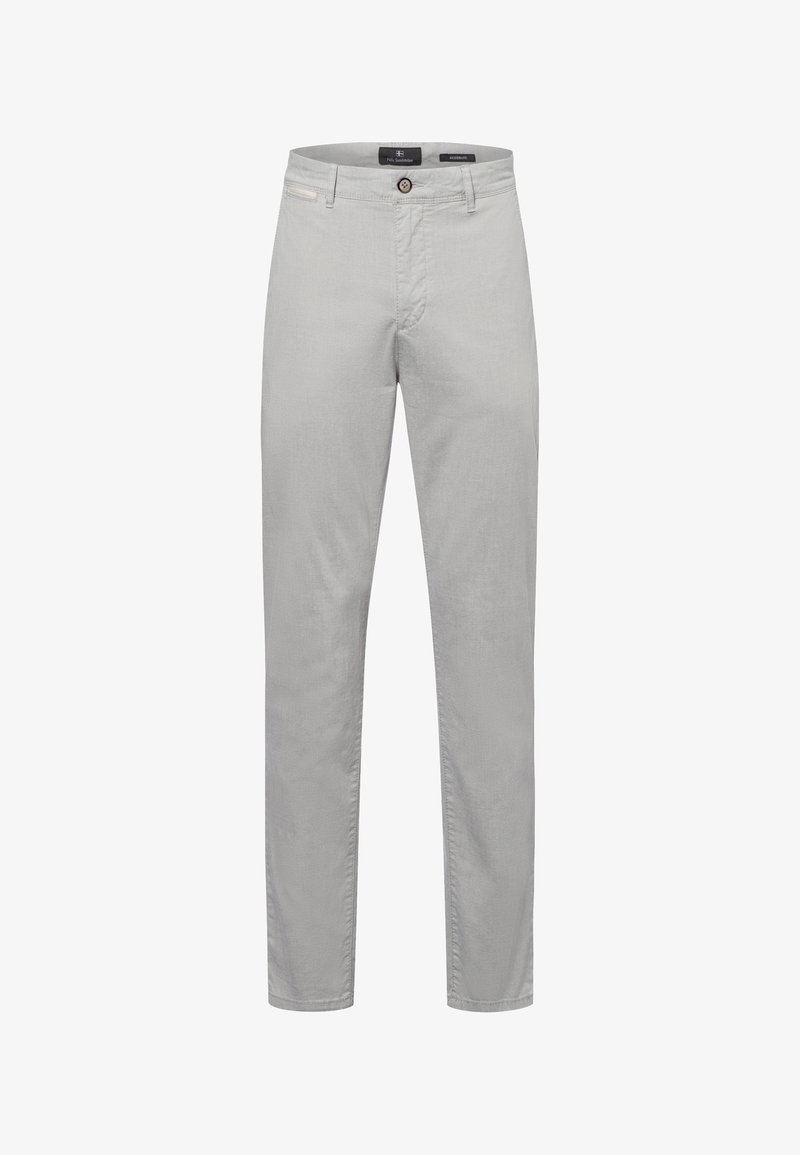 Light gray trousers made of smooth fabric, featuring a slim fit, straight legs, a front button closure, and side pockets.