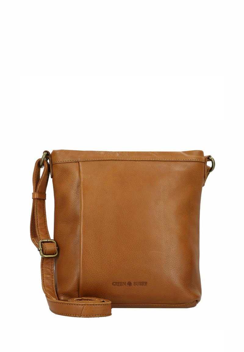 Borsa a spalla in pelle color tan con una superficie liscia, tracolla regolabile, chiusura a zip sulla parte superiore e logo impresso nella parte inferiore.