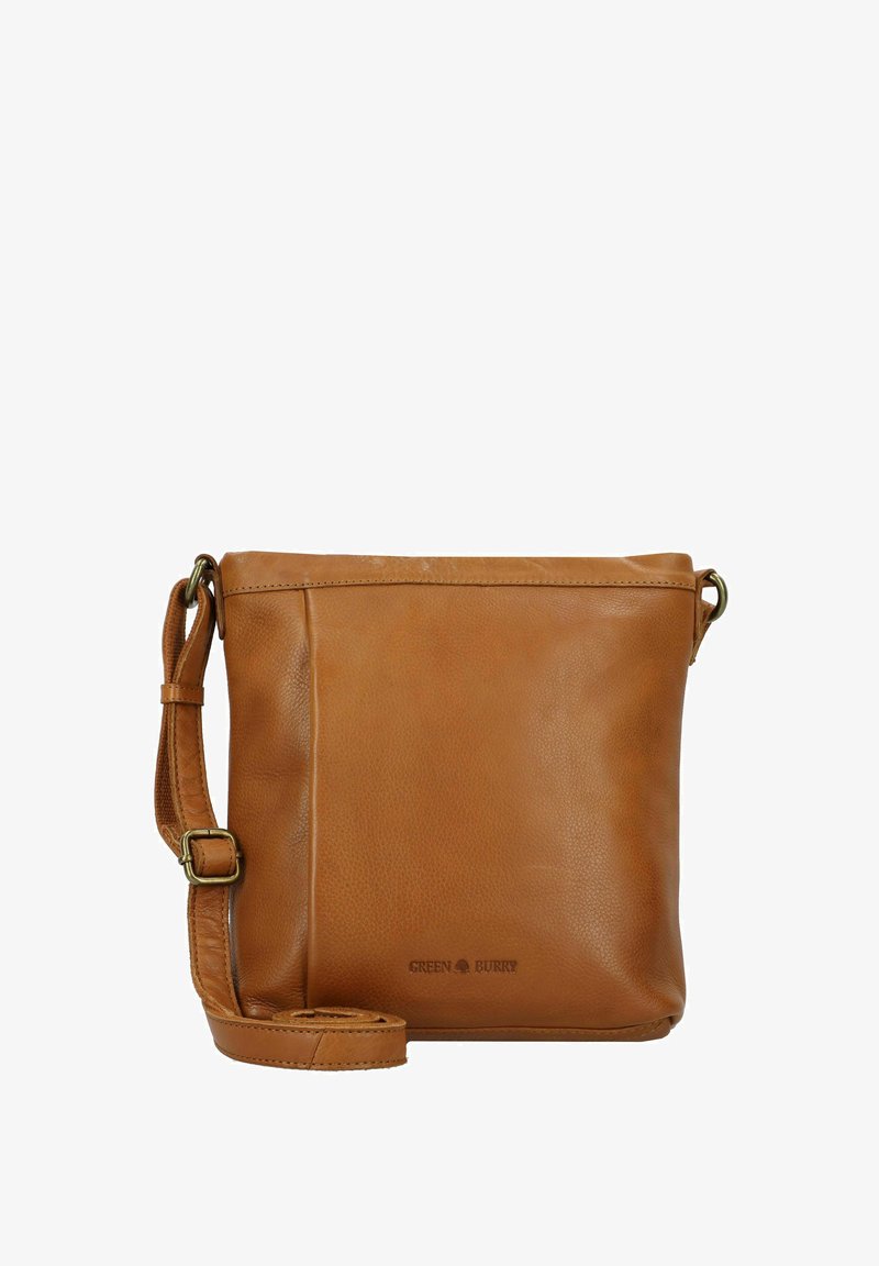 Borsa a spalla in pelle color tan con una superficie liscia, tracolla regolabile, chiusura a zip sulla parte superiore e logo impresso nella parte inferiore.