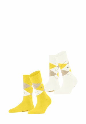 Gelb-weiß gemusterte Socken mit Rautendesign, versehen mit einer Mischung aus grauen und beigen Akzenten. Weicher Stoff mit Logo nahe dem Knöchel.