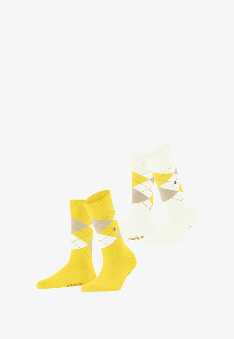 Chaussettes à motif jaune et blanc avec un design argyle, comprenant un mélange d'accents gris et beige. Tissu doux avec un logo près de la cheville.