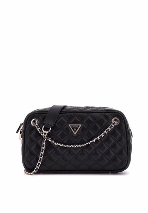 Borsa a tracolla nera trapuntata con forma rettangolare, catena metallica e spallaccio regolabile. Presenta un triangolo logo argento sul davanti.