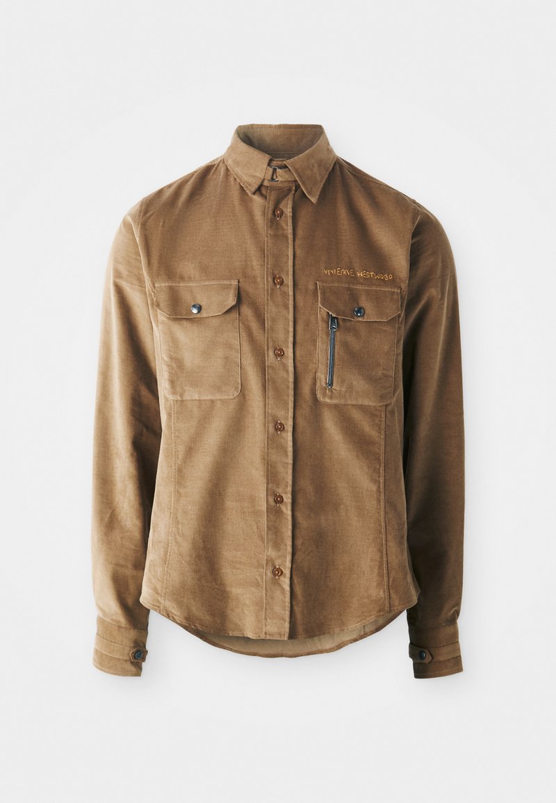 Brown corduroy shirt featuring a button-down collar, two chest pockets, and a zippered pocket on the left side. Button closure down the front.
