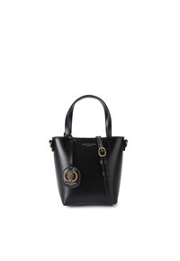 Sac seau en cuir noir avec poignées doubles, bandoulière réglable, quincaillerie dorée et détail de logo embossé. Design compact et structuré.