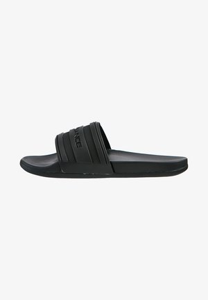 Sort slidesandal med en struktureret overdel, der har to vandrette remme og en glat sål. Letvægtsdesign, der er velegnet til afslappet brug.
