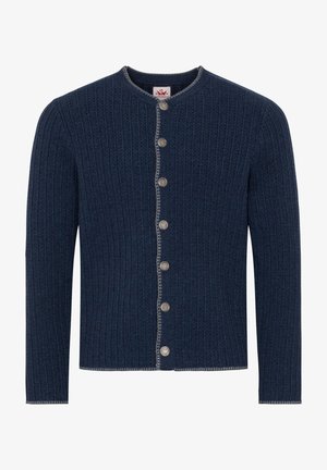 Cardigan en maille côtelée bleu marine avec manches longues, encolure ronde, boutons argentés sur le devant et bordure gris clair le long des bords.