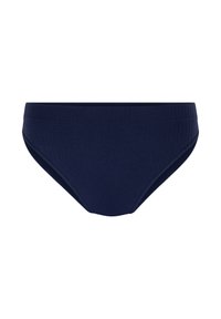 Navy blauwe geribbelde bikini onderkant met een zachte textuur, voorzien van een elastische tailleband en een gematigde bedekking. Geen zichtbare hardware of patronen.