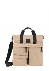 Zaino in corduroy beige con accenti neri, manici superiori doppi, tracolla regolabile e due tasche anteriori con zip.