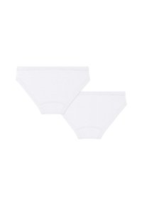 Set di biancheria intima in cotone bianco composto da due paia, uno più grande e uno più piccolo, con una semplice fascia elastica in vita e una superficie liscia.