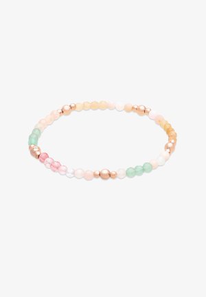 Strækarmbånd med små runde perler i pastelrosa, grønne og ferskenfarvede nuancer, fremhævet med roseguldmetalperler.