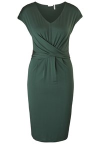 Grön, knälång klänning i mjukt tyg med V-ringning och korta ärmar, med en vriden framdesign och slät textur.