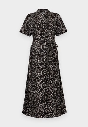 Schwarzes, kurzärmeliges Midi-Kleid mit Knopfleiste, beigen abstrakten wellenförmigen Linien und passendem Taillengürtel zum Binden.