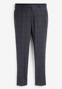 Dunkelblaue karierte Hose aus gewebtem Stoff, mit Knopfverschluss, Gürtelschlaufen und schmal zulaufendem Bein, das eine glatte Textur aufweist.