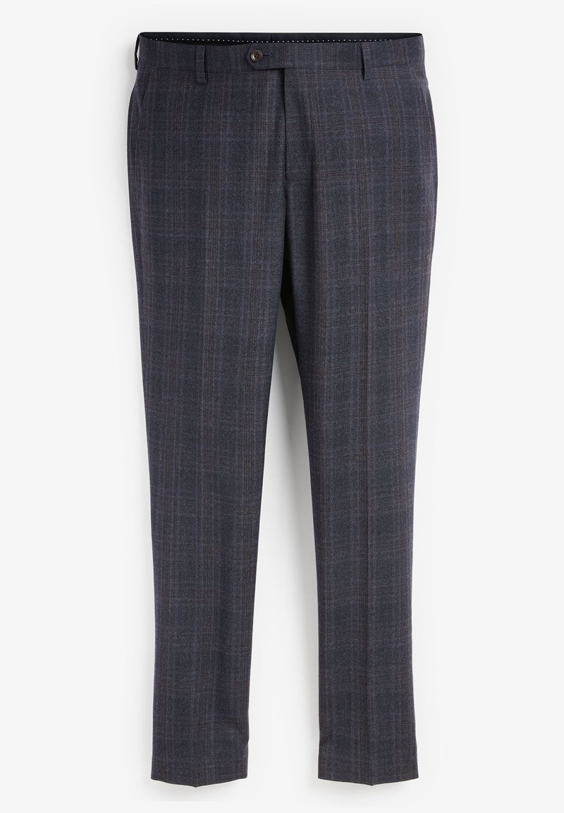 Dunkelblaue karierte Hose aus gewebtem Stoff, mit Knopfverschluss, Gürtelschlaufen und schmal zulaufendem Bein, das eine glatte Textur aufweist.