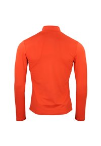 Camicia a maniche lunghe in arancione vivace, realizzata in tessuto liscio ed elastico. Presenta un colletto alto e cuciture flatlock per il comfort.