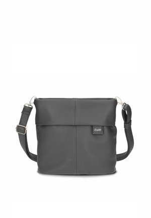 Borsa a tracolla in pelle grigia scura con tracolla regolabile, chiusura a zip e piccola etichetta frontale con la scritta "zwei" su sfondo bianco pulito.
