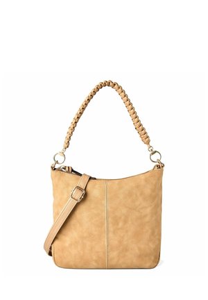 Borsa in pelle color cuoio con manico intrecciato, tracolla regolabile e chiusura con cerniera, mostrata su sfondo bianco.