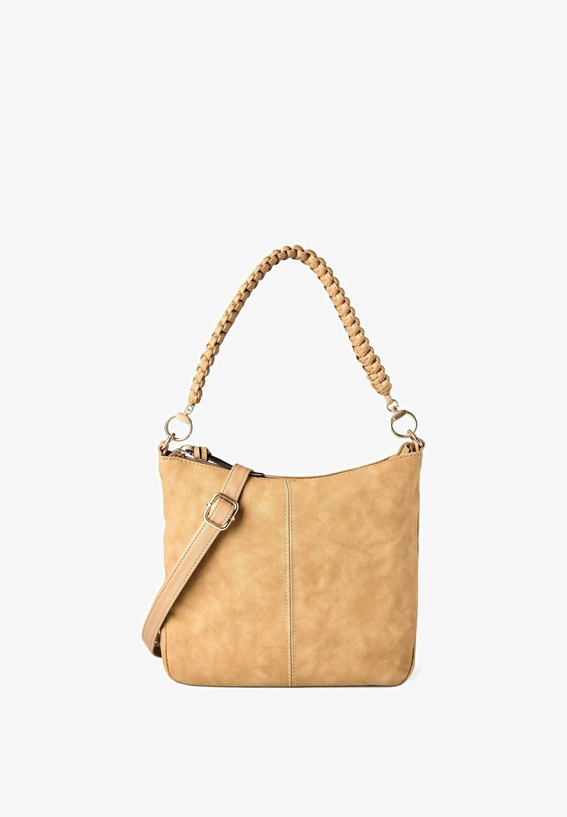 Sac à main en cuir fauve avec poignée tressée, bandoulière ajustable et fermeture éclair, présenté sur un fond blanc.