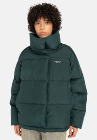 Persoon met krullend haar, gekleed in een donkergroene gewatteerde jas met hoge kraag en lichtgekleurde broek, recht vooruit kijkend met een neutrale uitdrukking.