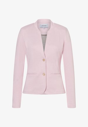 Light pink women's blazer with long sleeves, two front buttons, two horizontal pockets, and a collarless neckline.