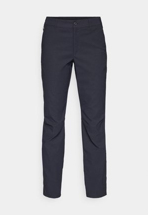 Pantalons bleu marine en tissu lisse, dotés d'une fermeture par bouton à l'avant, d'un design ajusté et de détails pliés au niveau des genoux.