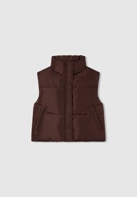 Gilet di piumino marrone con alto colletto, dotato di due tasche laterali, texture liscia e motivo trapuntato, senza maniche.
