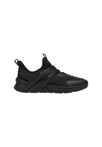 Scarpe da ginnastica nere con tomaia in rete, suola in gomma e linee pronunciate. Il design include dettagli testurizzati e area del tallone rinforzata.