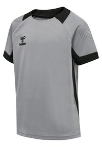 Korte mouwen sportshirt in lichtgrijs met zwarte accenten. Gemaakt van ademende stof, heeft een ronde hals en textuurpanelen.