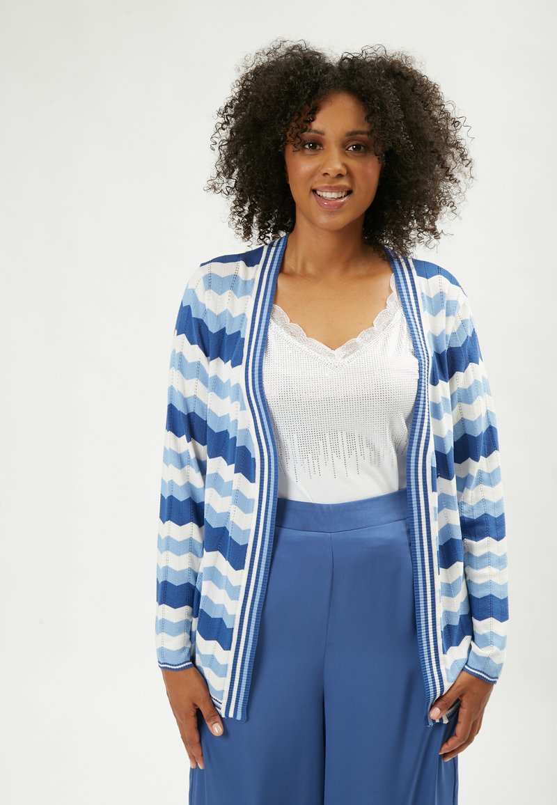 Cardigan a righe blu e bianche con un motivo a zigzag, texture a maglia, apertura frontale e dettagli a coste. Indossato sopra una canotta bianca e pantaloni blu.